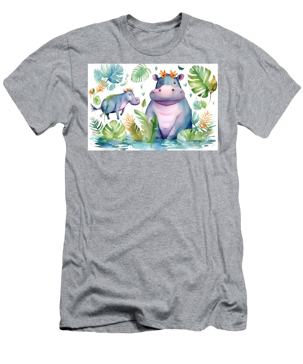 Hand Drawn Cute Isolated Tropical Summer Watercolor Hippo Animal N Akkash T-Shirt
