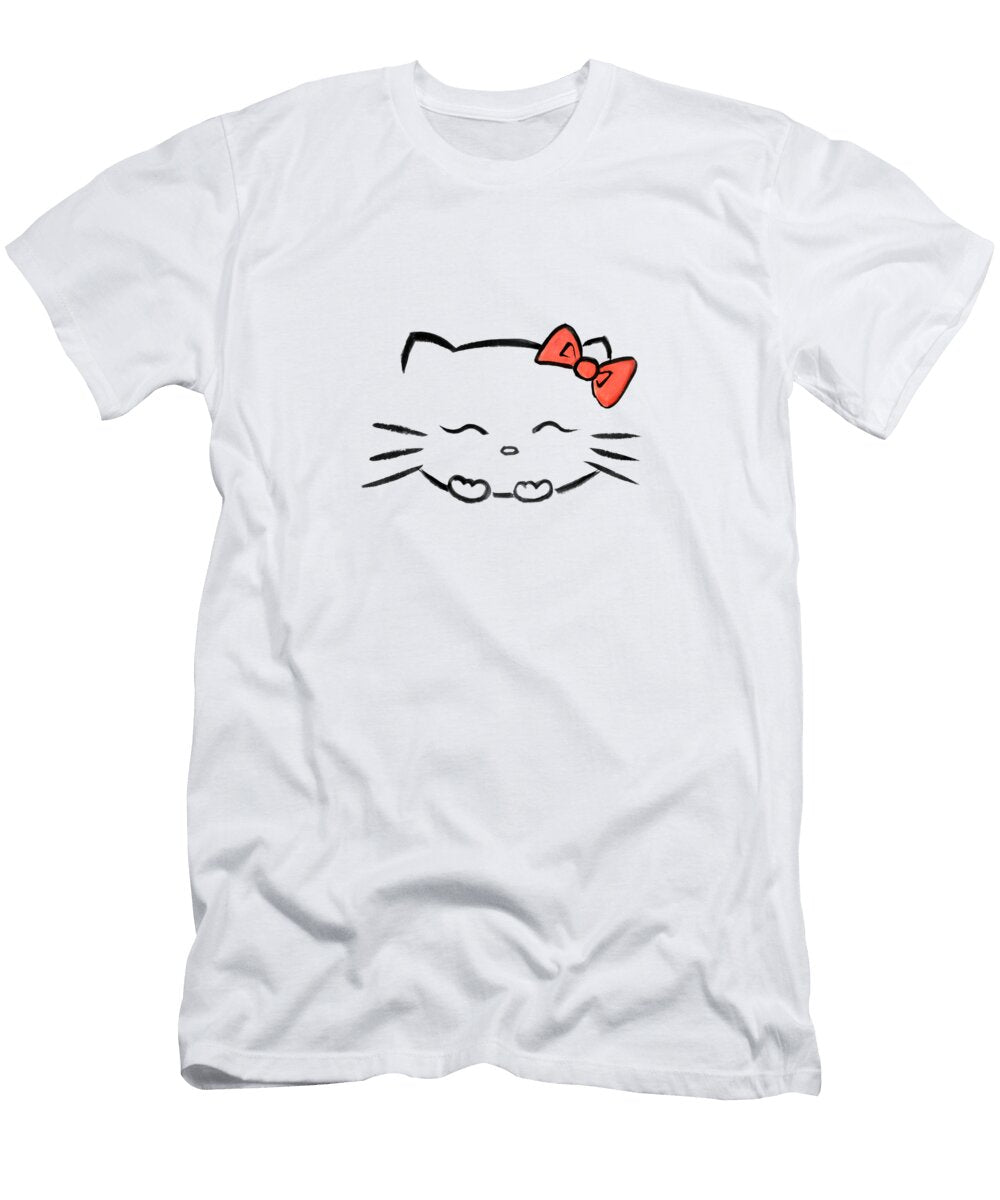 Happily Giggling Hello Kitty with a Red Bow Japanese Kawaii Cartoon Character Inspired Sumi E Illus Awen Fine Art Prints T-Shirt