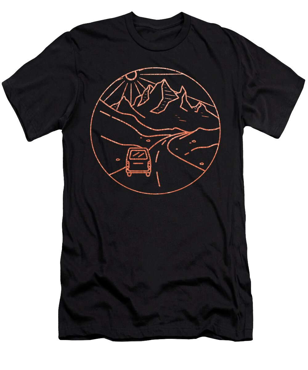 Highway Drive with Beautiful Sunrise Landscape Linear Illustration Mounir Khalfouf T-Shirt