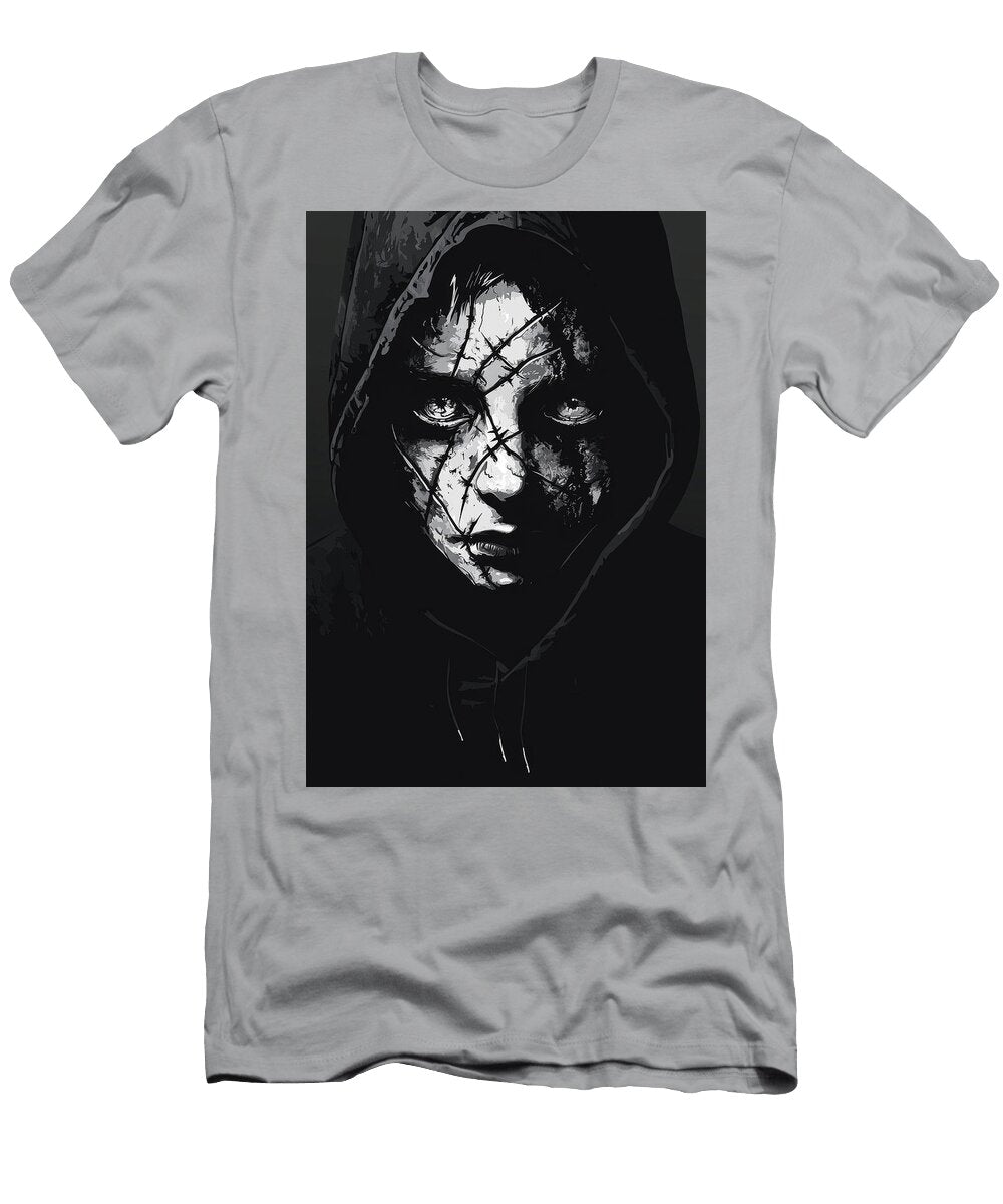 Hooded Figure with Stitched Scars Dark and Mysterious Maverick Junk T-Shirt