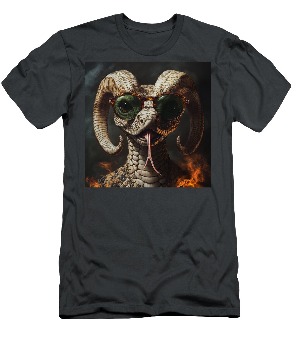 Horned Snake Wearing Sunglasses with Fire Background Giuseppina Rikuu T-Shirt