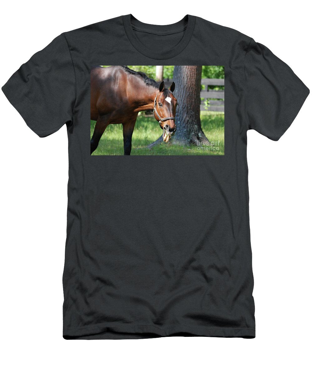 Horse with His Tongue Sticking Out Eating Dejavu Designs T-Shirt