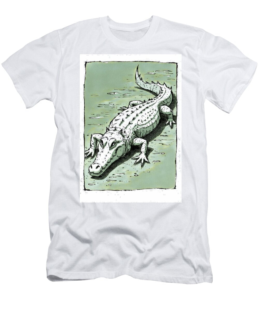 Illustration an Alligator Resting on a Pale Green Surface Wall Art Prints T-Shirt