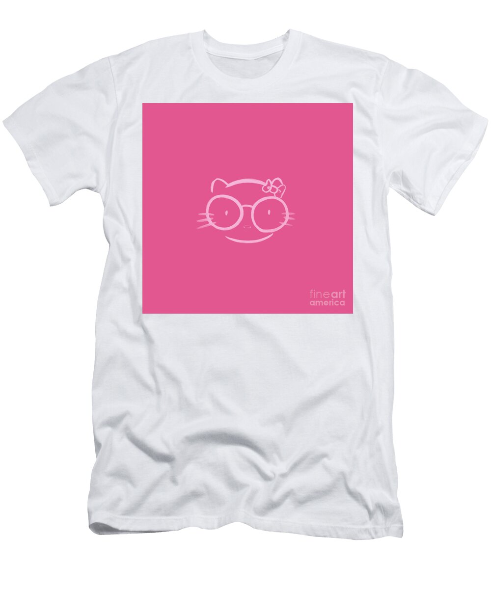Illustration of a Kawaii Nerd Hello Kitty in Hot Pink Awen Fine Art Prints T-Shirt