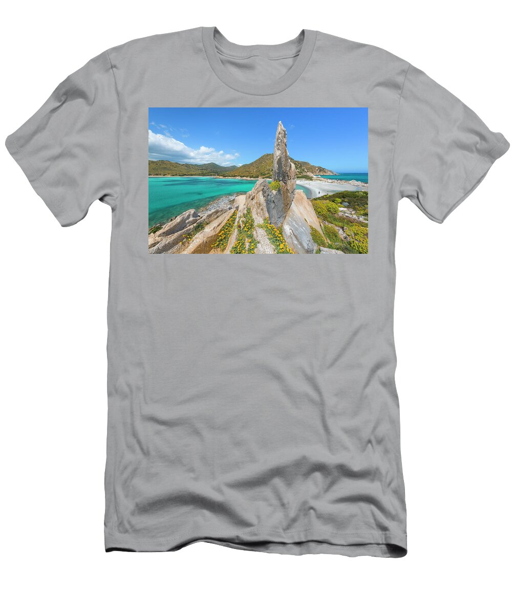 Italy Sardinia Cagliari District Villasimius Mediterranean Sea Tyrrhenian Sea Tyrrhenian Coast Bizarre Rock on Punta Molentis Beach with Turquoise Blue Sea Cornelia Dorr T-Shirt