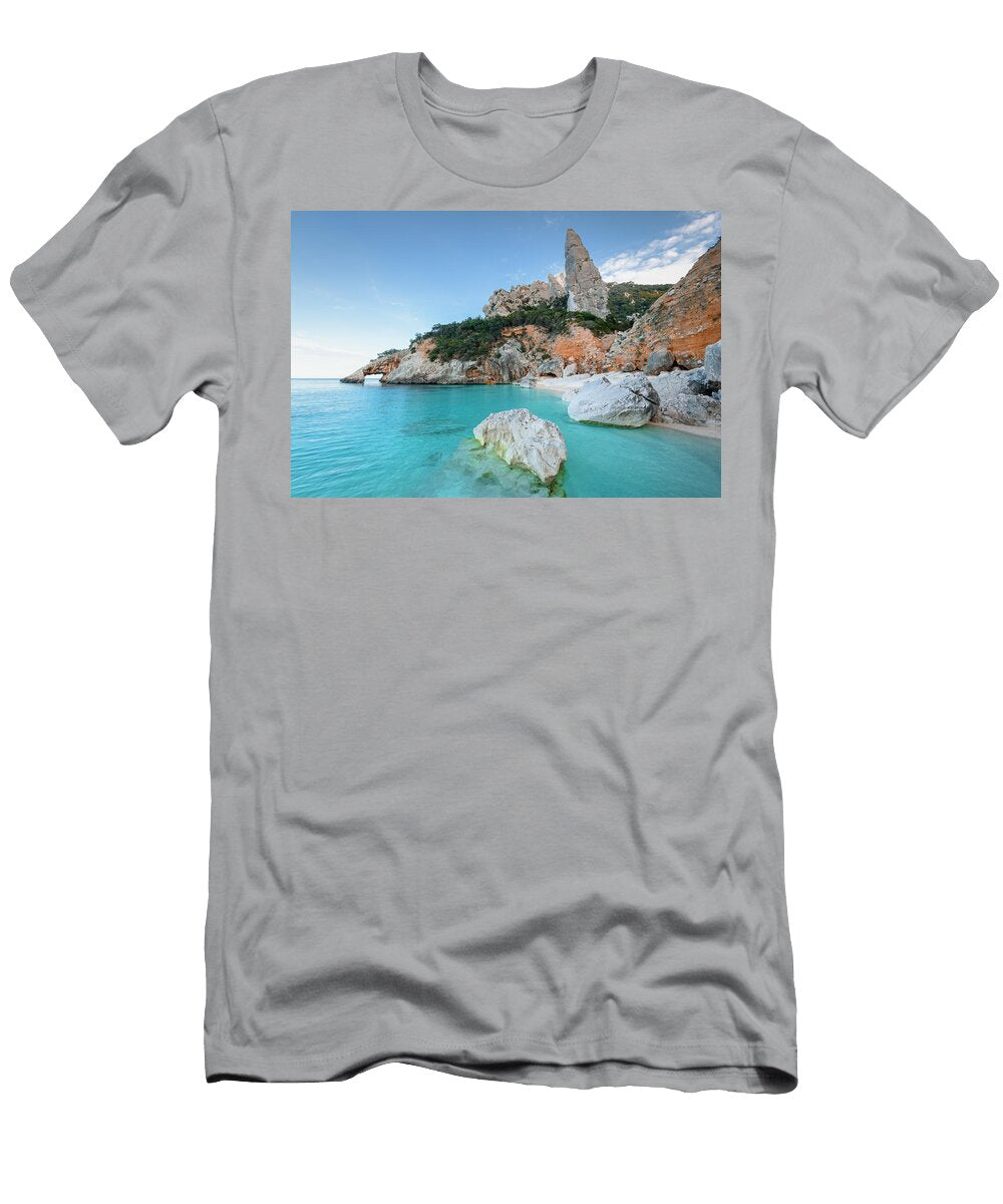 Italy Sardinia Ogliastra District Parco Nazionale Del Gennargentu E Golfo Di Orosei Golfo Di Orosei Bizarre Rock on Cala Goloritze Beach with Turquoise Blue Sea Cornelia Dorr T-Shirt