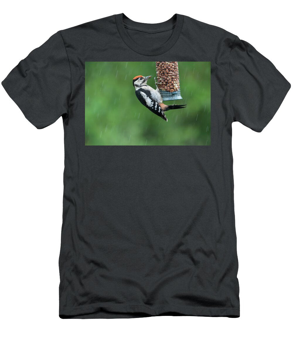 Juvenile Great Spotted Woodpecker on Peanut Feeder in Rain Ann Steve Toon Natureplcom T-Shirt