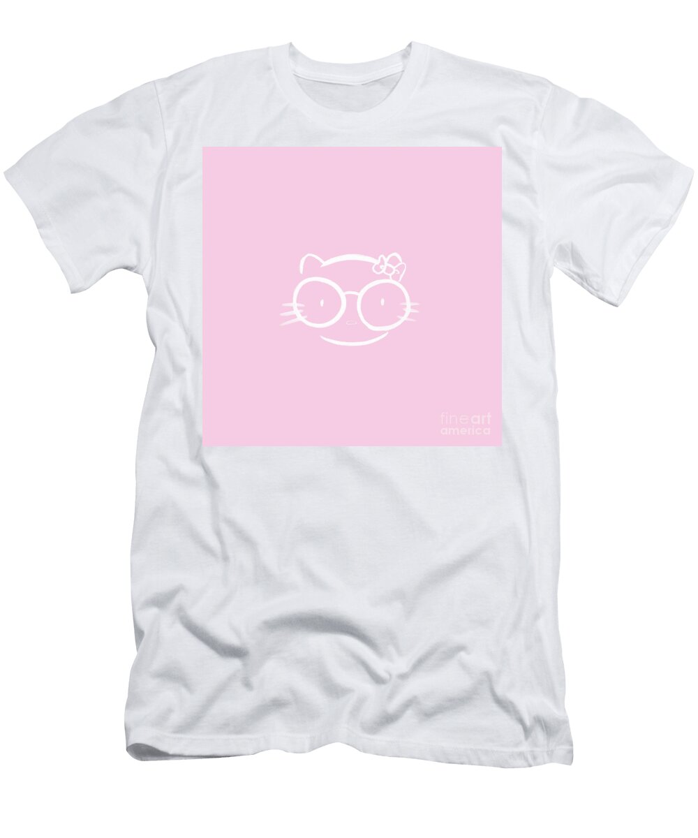 Kawaii Hello Kitty in Large Nerdy Glasses on Bright Pink Backgro Awen Fine Art Prints T-Shirt