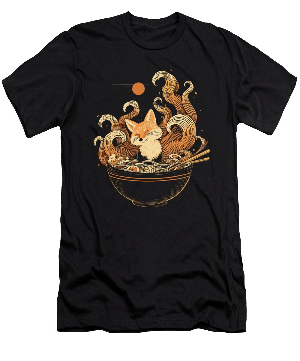 Kawaii Kitsune Fox Relaxing in Ramen Bowl Japanese Zimstarus T-Shirt
