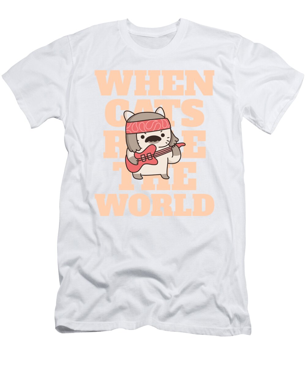 Kawaii Rocker Cat Funny Cat Lover Gift Cute Kitten Owner Gag Pun Cats Rule the World Funny Gift Ideas T-Shirt