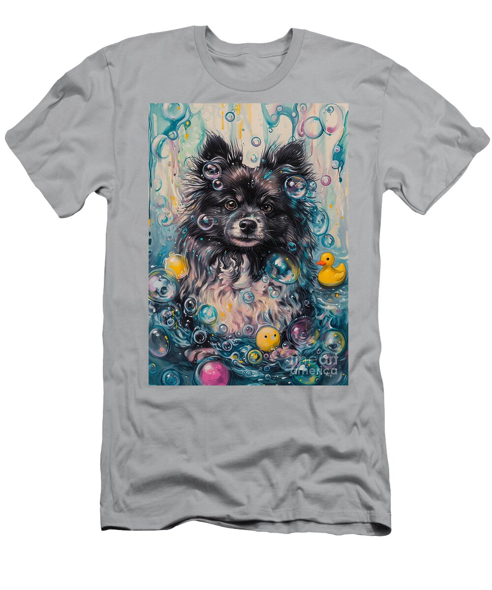 Keeshond Dog Frolicking in a Bubbly Bathtub Adrien Efren T-Shirt