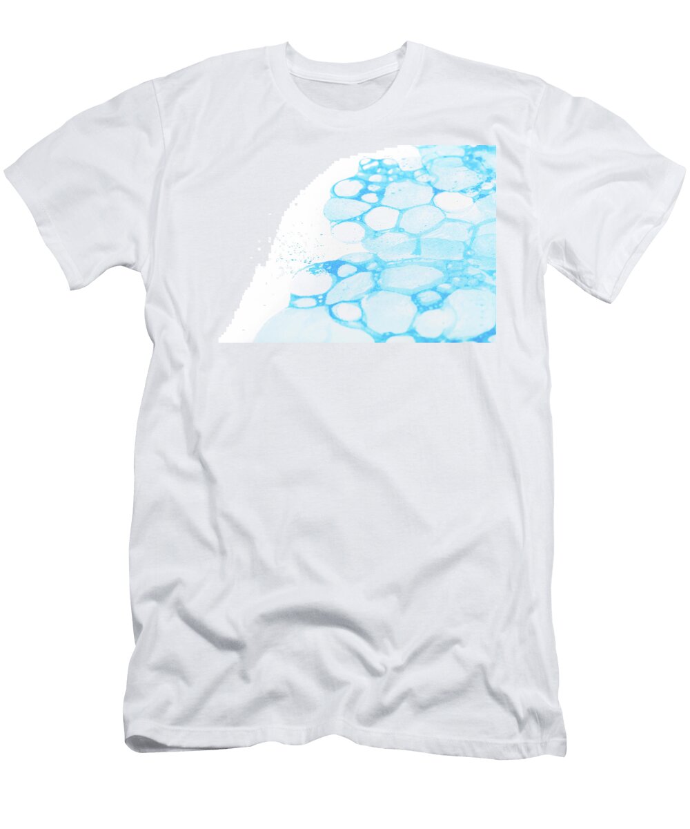 Light Blue Bubbles Splash Background Ink Reflected on Paper Texture Illustration Simple Bubbly Foam Paint Splash Clean Creative Fresh Bath Abstract Dreamy Cold Backdrop Blue and White Copy Space Cleverartsmedia T-Shirt