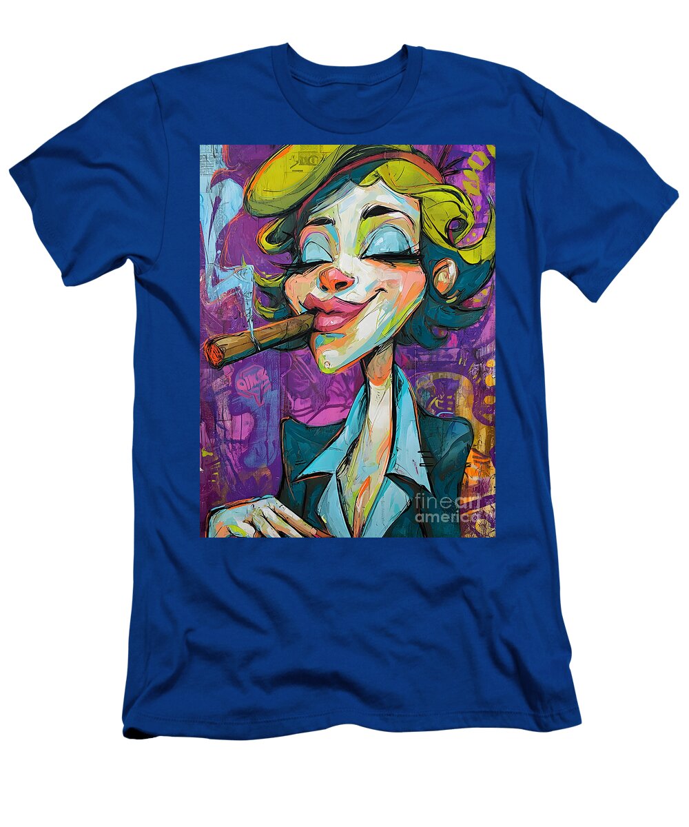 Light It Up Playful Woman in Suit Enjoying a Cigar with Bold Style Olfactoart Studio T-Shirt