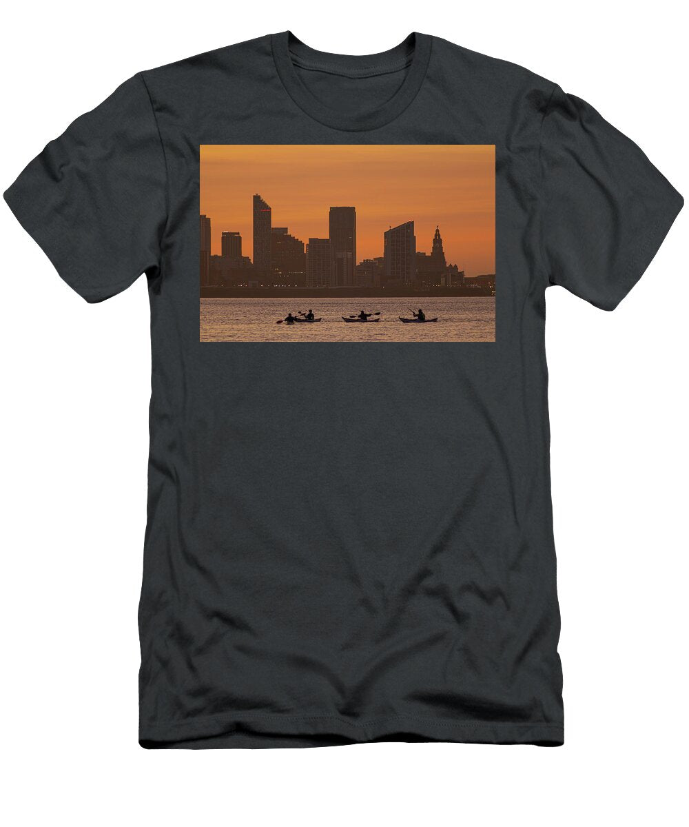 Liverpool Waterfront Sunrise From New Brighton and Kayakers Paul Madden T-Shirt