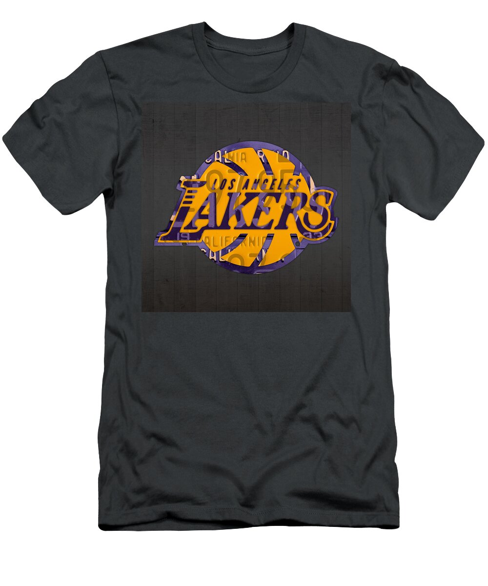Los Angeles Lakers Basketball Team Retro Logo Recycled License Plate Art Design Turnpike T-Shirt