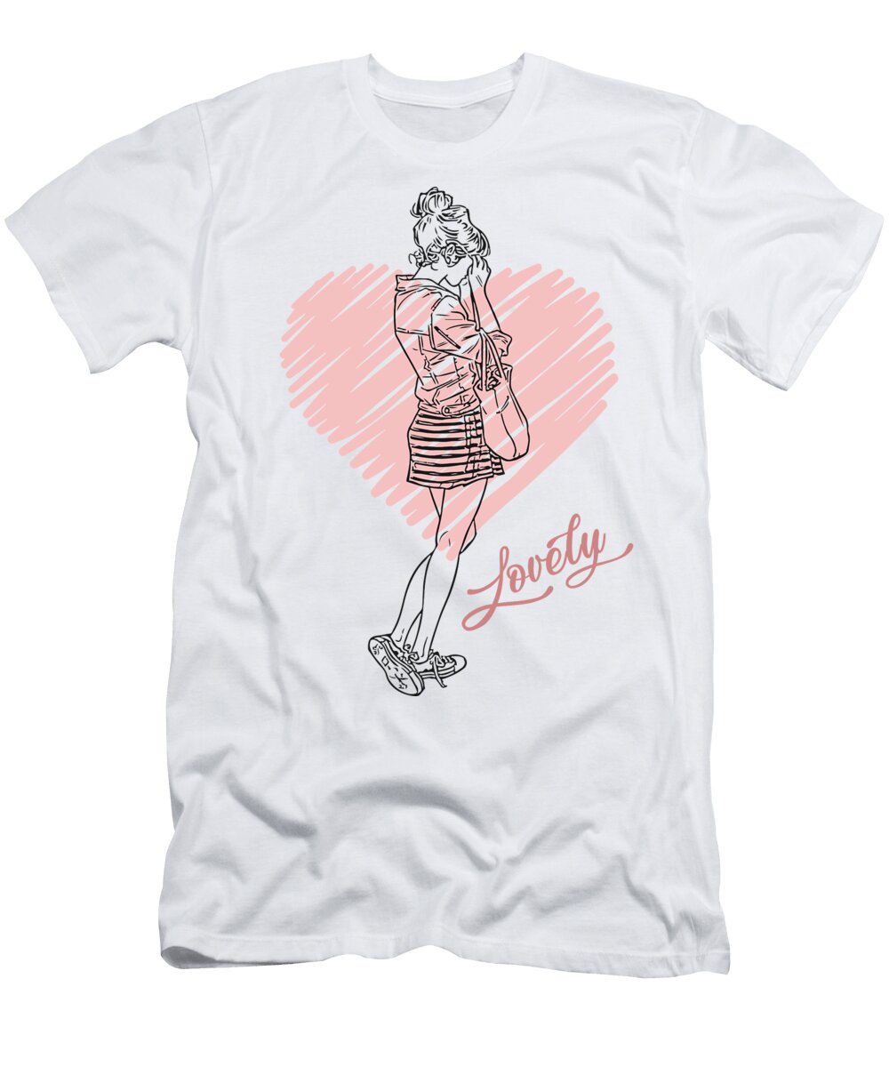 Lovely Girl Carrying Handbag Illustration Drawing Art Graffiti Girl Comics Child Painted Heart Mounir Khalfouf T-Shirt