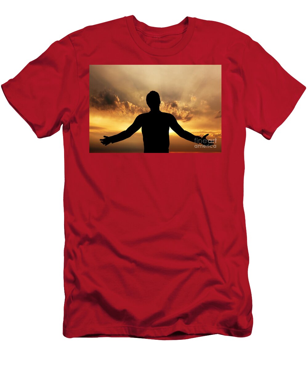 Man Praying Meditating in Harmony and Peace At Sunset Michal Bednarek T-Shirt