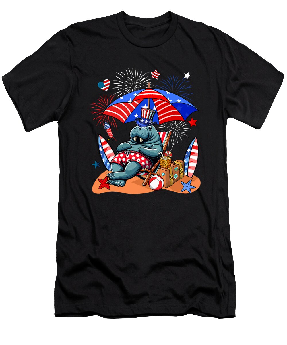 Manatee Sunglasses Relaxing on Beach 4th of July Sophie Eleanor T-Shirt