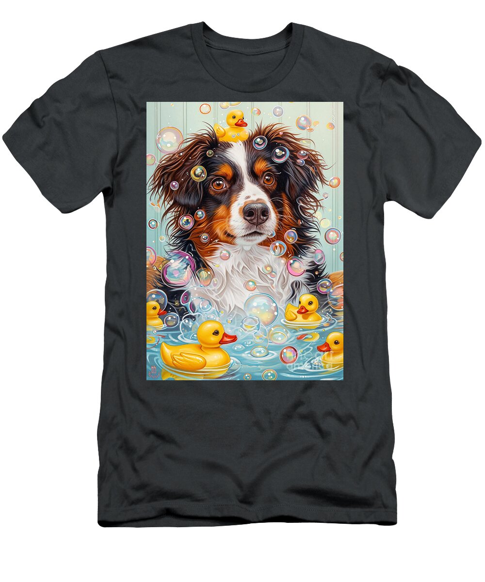 Miniature American Shepherd Dog Frolicking in a Bubbly Bathtub Adrien Efren T-Shirt