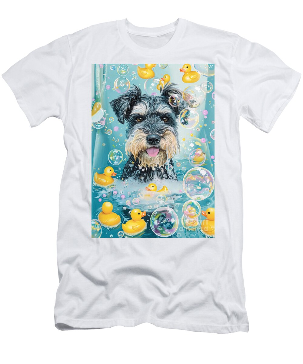 Miniature Schnauzer Dog Frolicking in a Bubbly Bathtub Adrien Efren T-Shirt