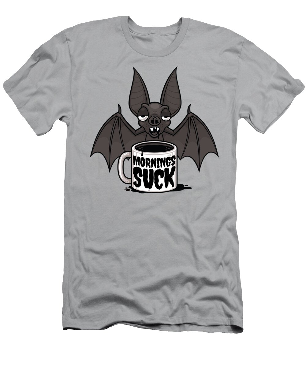 Mornings Suck Sleepy Vampire Bat Coffee Humor John Schwegel T-Shirt