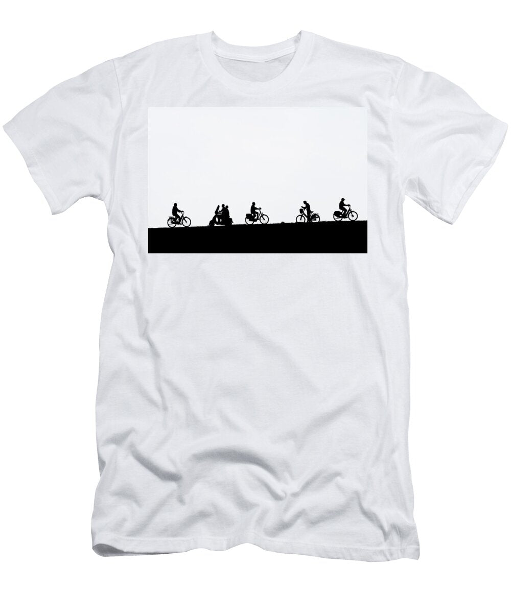 Motor Scooter Riding Past Cyclists and Man on Bicycle Philippe Clement Natureplcom T-Shirt