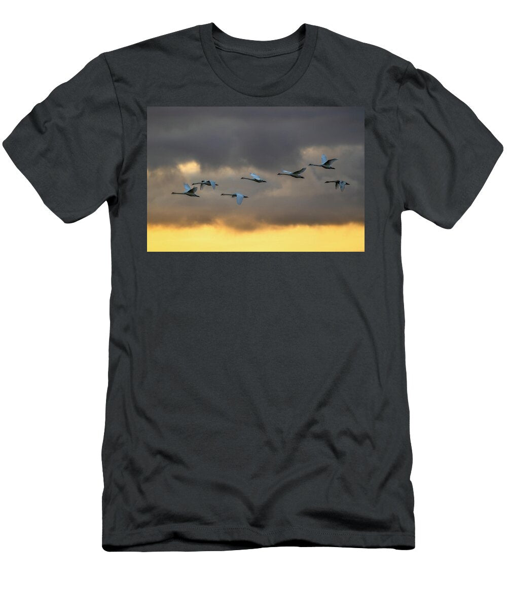 Mute Swans in Flight Against a Cloudy Sky Caerlaverock Ann Steve Toon Natureplcom T-Shirt
