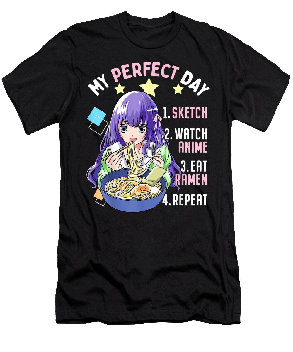 My Perfect Day Sketch Watch Anime Eat Ramen Repeat Kawaii Dnt Prints T-Shirt