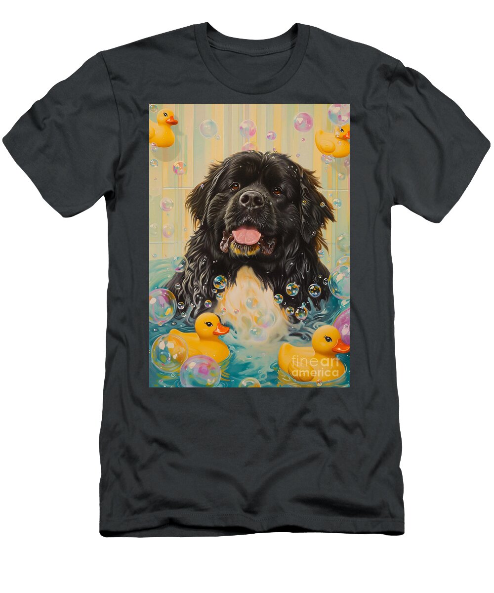 Newfoundland Dog Frolicking in a Bubbly Bathtub Adrien Efren T-Shirt