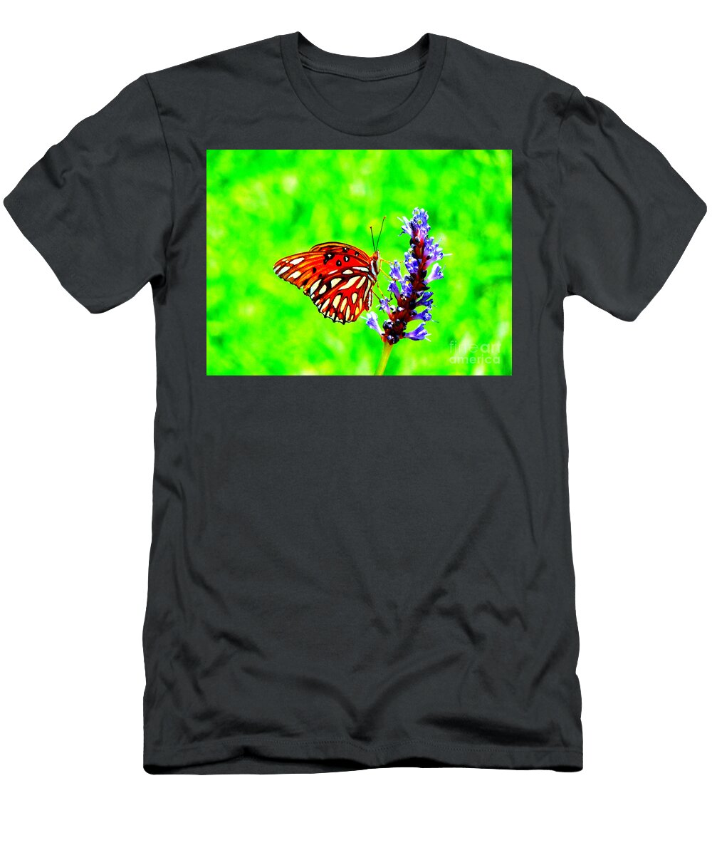 Orange Butterly Against a Funky Green Background Renee Trenholm T-Shirt