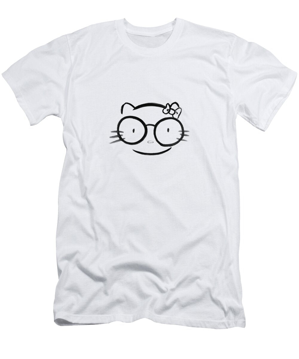 Original Sumi E Painting of Kawaii Cute Nerd Hello Kitty in Oversized Spectacles Awen Fine Art Prints T-Shirt