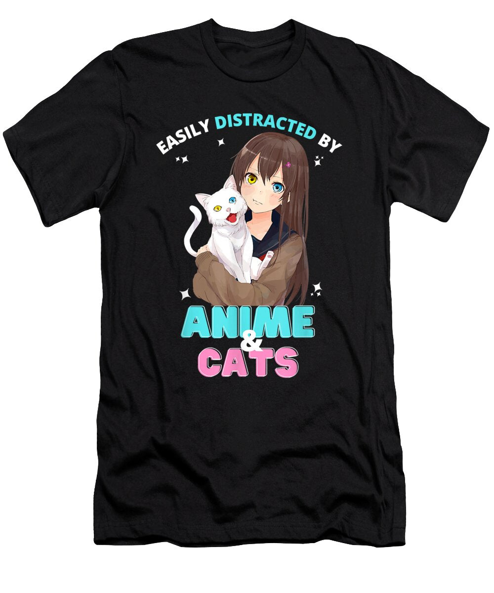 Overcome Courageous Kawaii Anime Girl Easily Distracted By Anime and Cats Teens Fan Ezone Prints T-Shirt