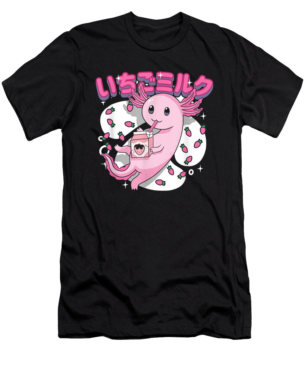 Overcome Courageous Retro Japanese Style Anime Kawaii Axolotl Strawberry Milk Graphic for Fans Ezone Prints T-Shirt