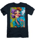 Own the Night Stylish Woman with Purple Hair and Cigar Radiates Bold Confidence Olfactoart Studio T-Shirt
