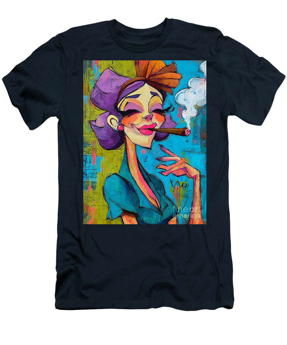 Own the Night Stylish Woman with Purple Hair and Cigar Radiates Bold Confidence Olfactoart Studio T-Shirt