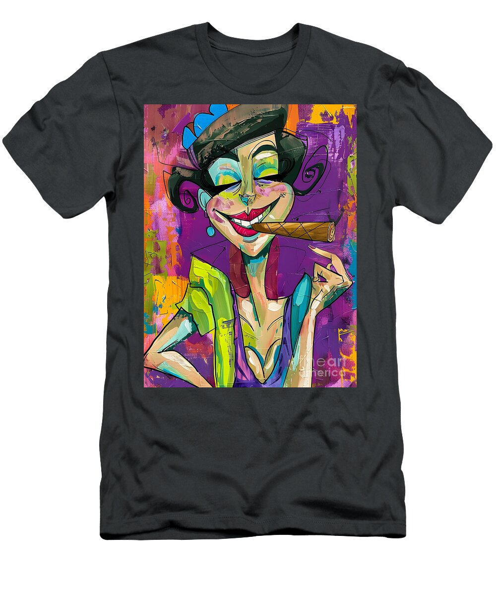 Own the Spotlight Bold Caricature with Cigar and Explosive Color Energy Olfactoart Studio T-Shirt