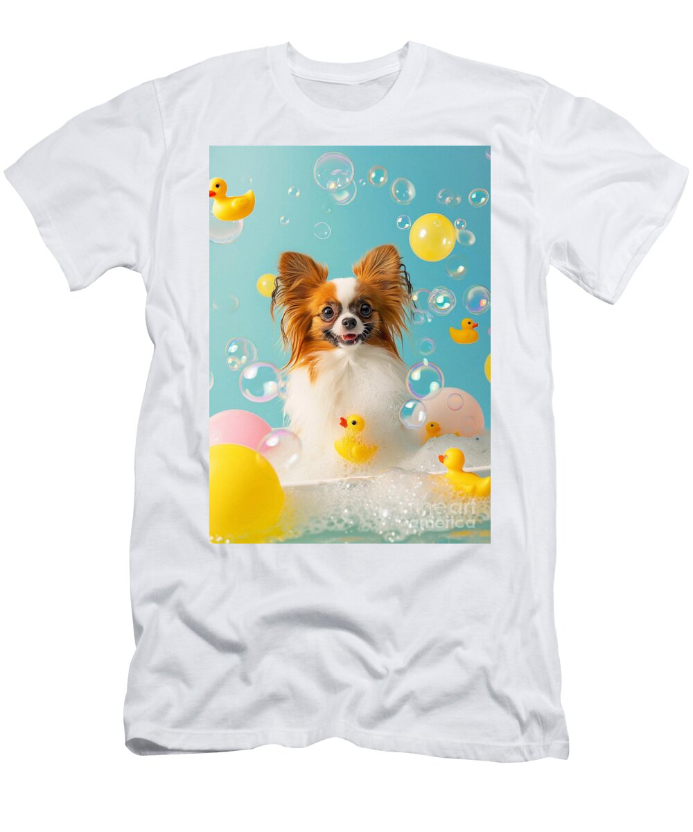 Papillon Dog Enjoying a Bubbly Bath Adrien Efren T-Shirt