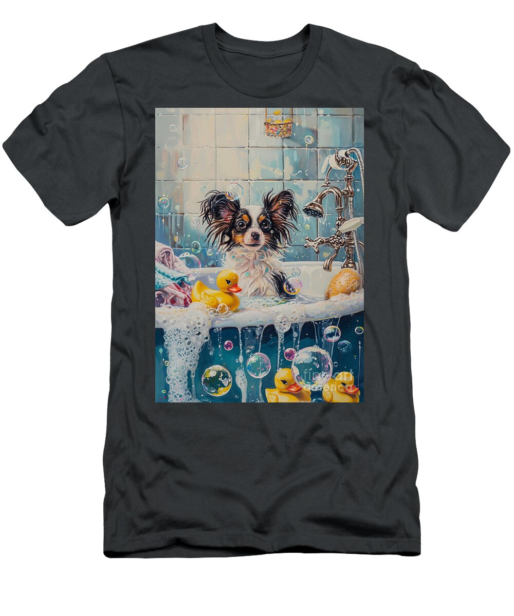 Papillon Dog Frolicking in a Bubbly Bathtub Adrien Efren T-Shirt