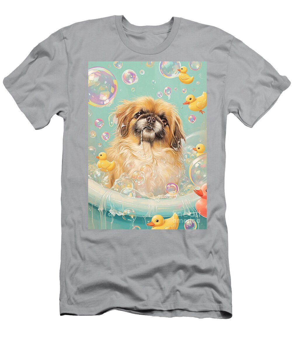 Pekingese Dog Frolicking in a Bubbly Bathtub Adrien Efren T-Shirt