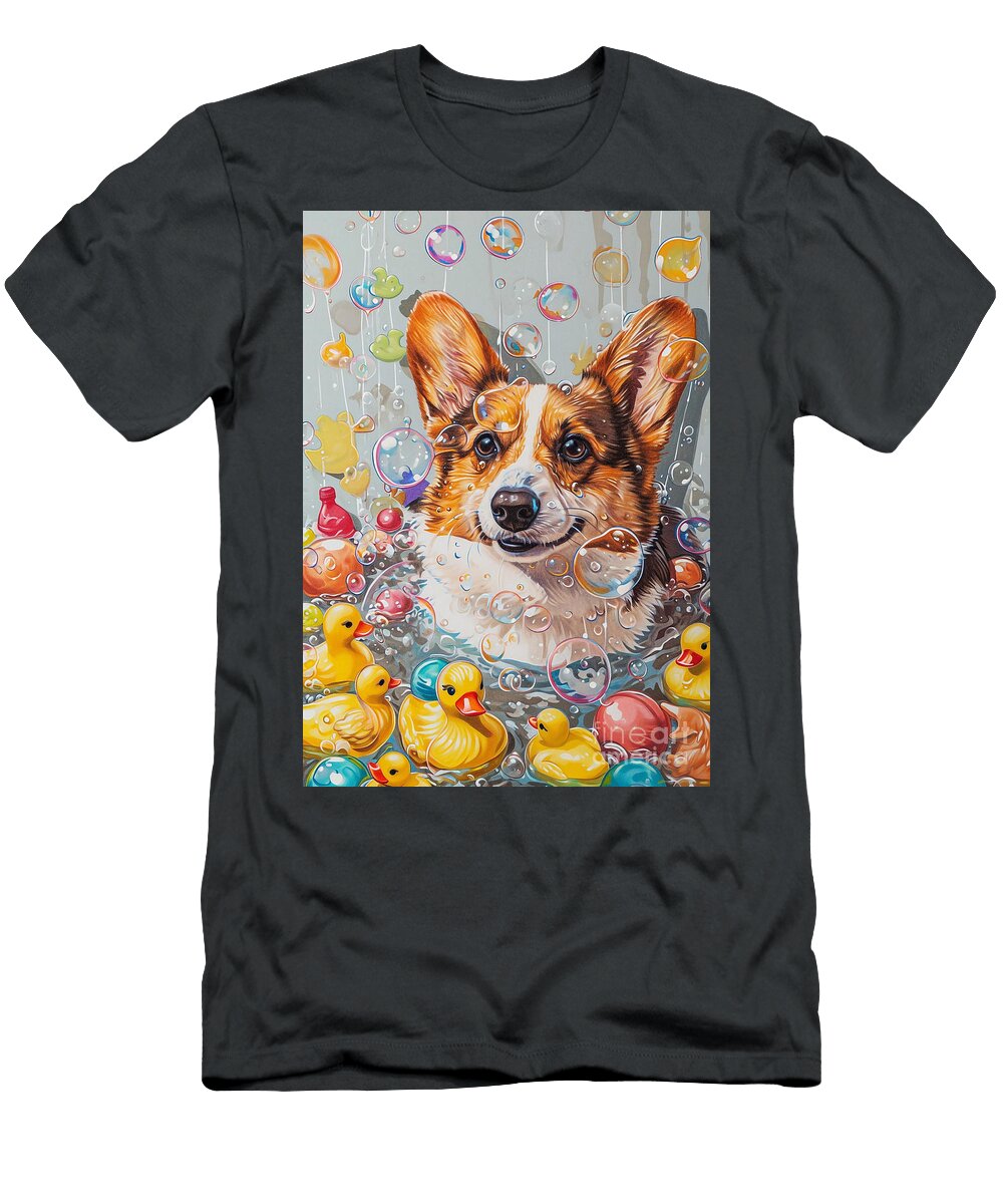 Pembroke Welsh Corgi Dog Frolicking in a Bubbly Bath Adrien Efren T-Shirt