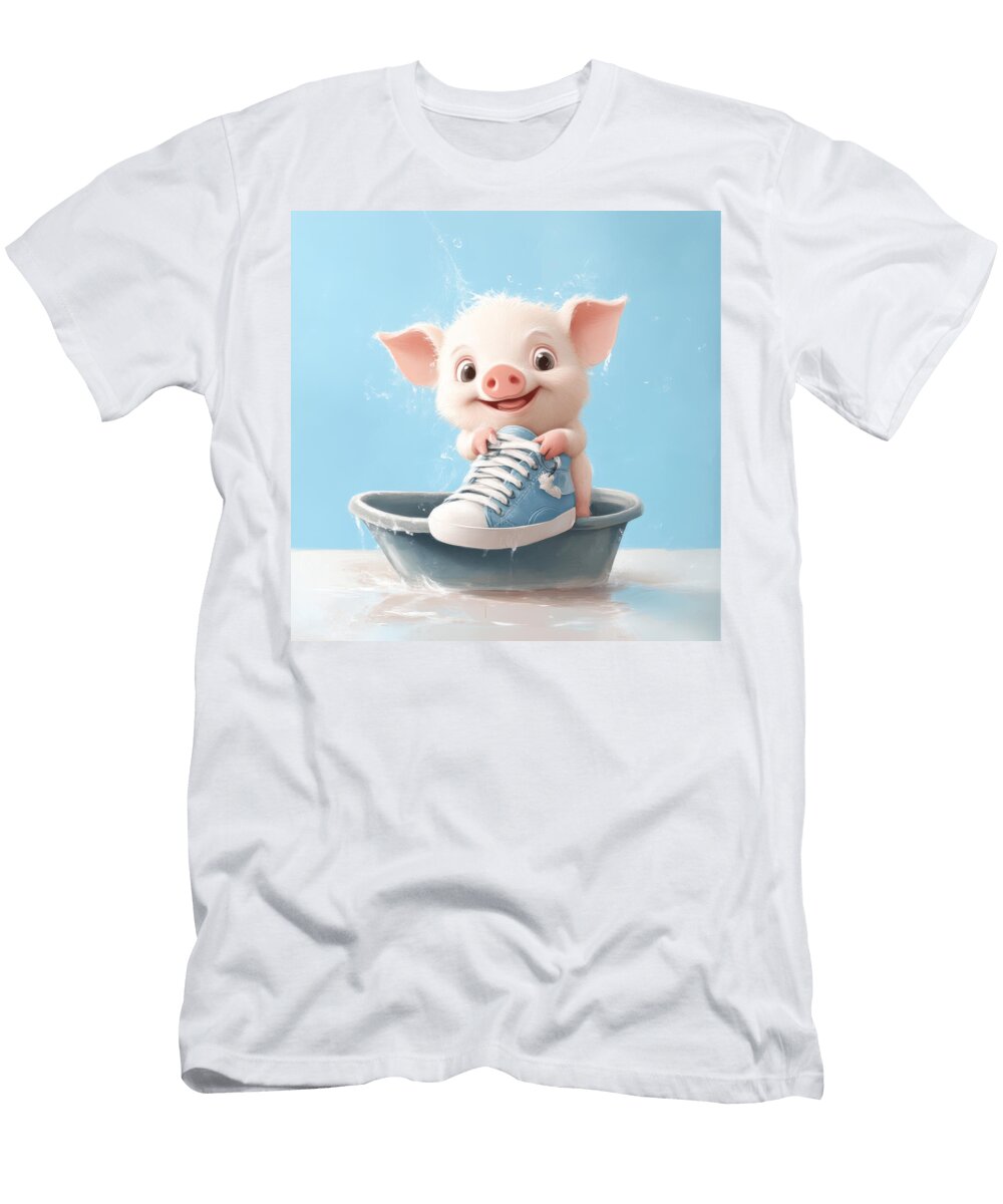 Piglet Washing Shoe in Tub Light Blue Backdrop Maximiliano Acevedo T-Shirt