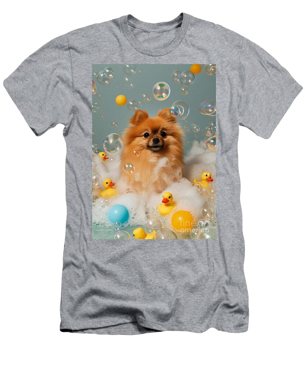 Pomeranian Dog Frolicking in a Bubbly Bathtub Adrien Efren T-Shirt