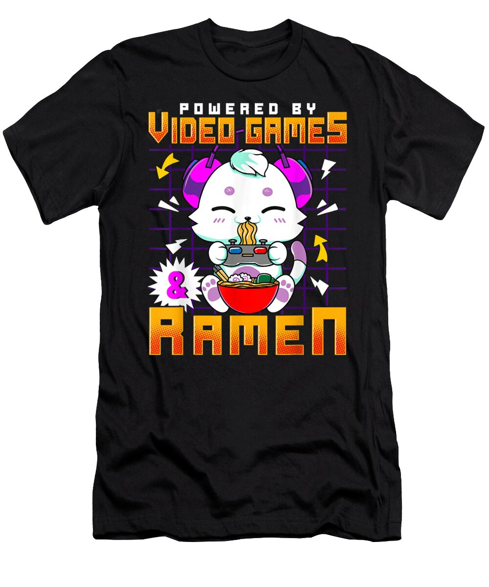 Powered By Video Games Ramen Anime Kawaii Cat Gamer Dnt Prints T-Shirt
