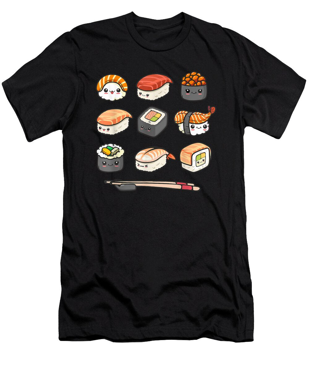Precious Life Happy Sushi Anime Kawaii Set Japanese Food Lover Otaku Mangaretro Wave Ezone Prints T-Shirt