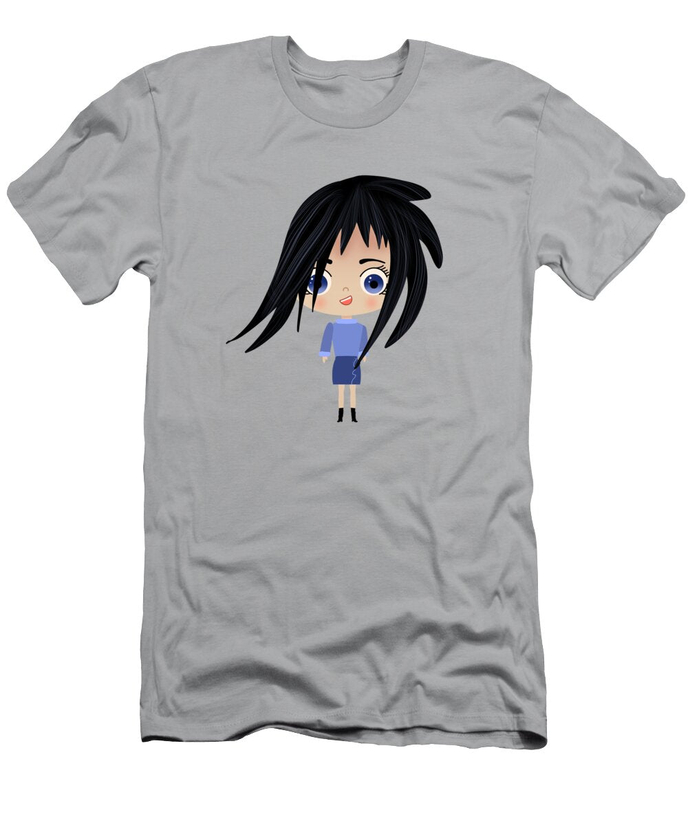 Pretty Big Hair Chibi Manga Girl Looking Smart for Work Barefoot Bodeez Art T-Shirt