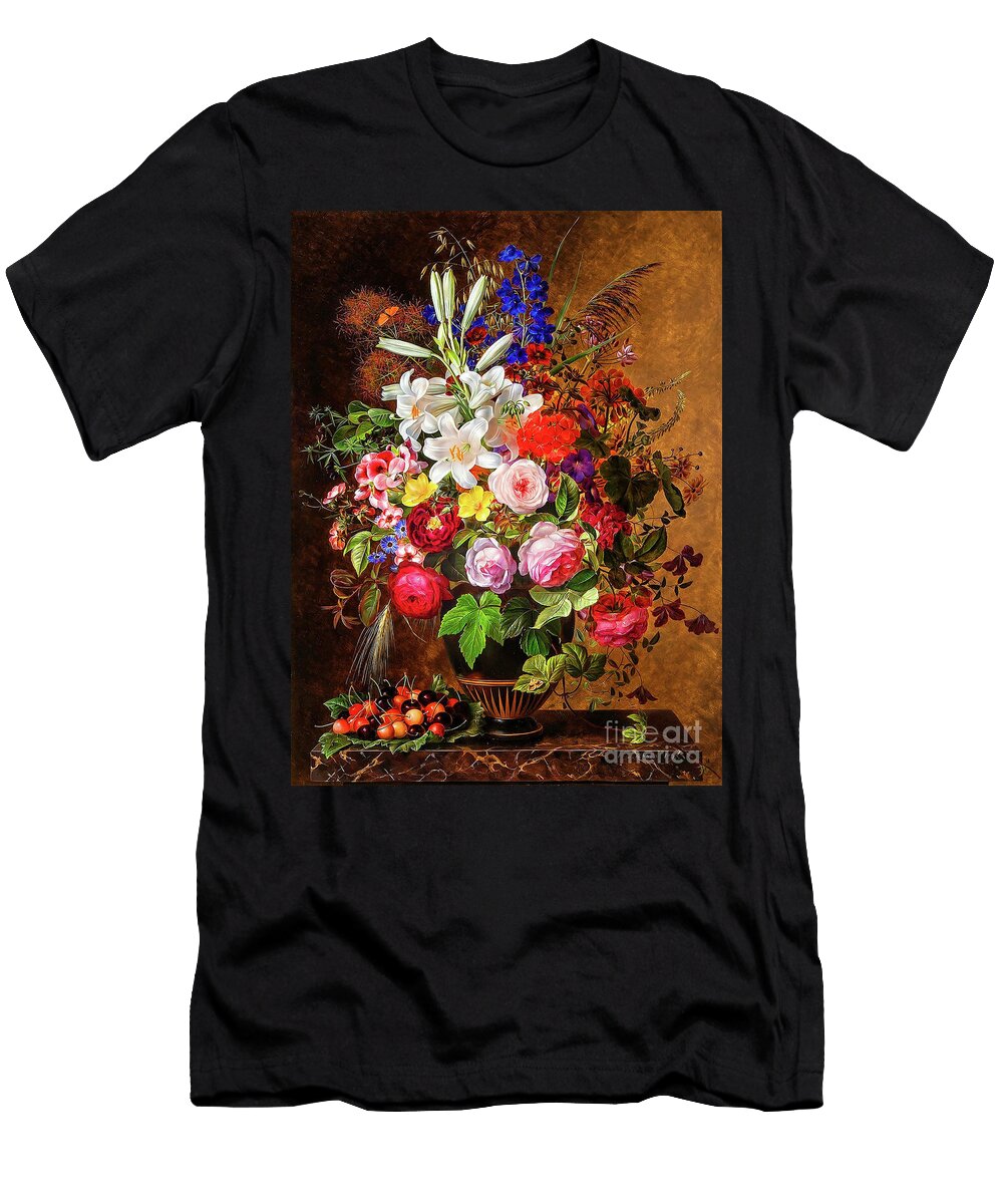 Remastered Art Flowers in a Greek Vase with Cherries By Johan Laurentz Jensen 20250309 Johan Laurentz Jensen T-Shirt