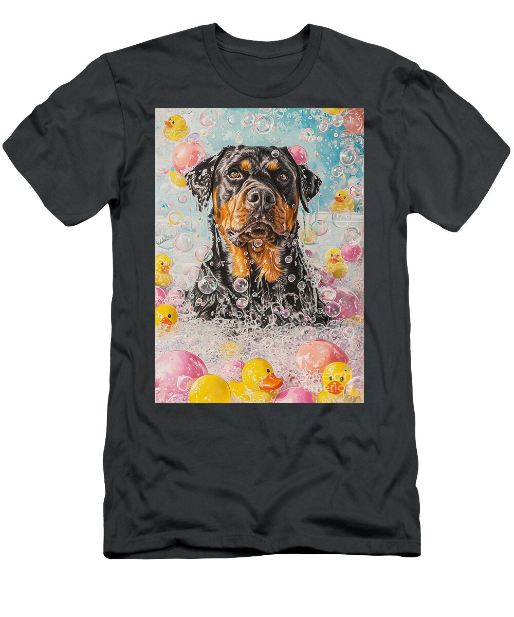 Rottweiler Dog Enjoying a Bubbly Bath Adrien Efren T-Shirt