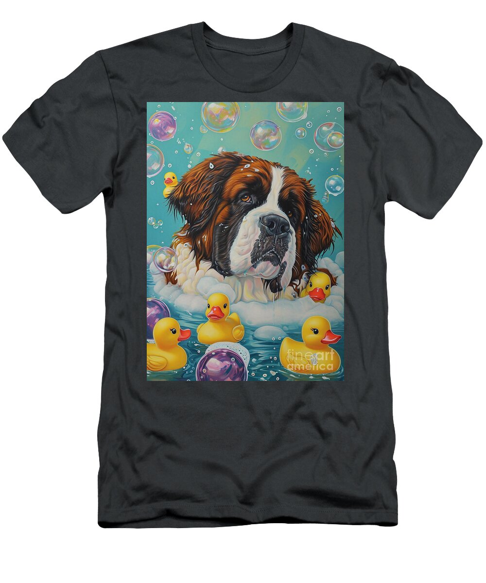 Saint Bernard Dog Frolicking in a Bubbly Bathtub Adrien Efren T-Shirt