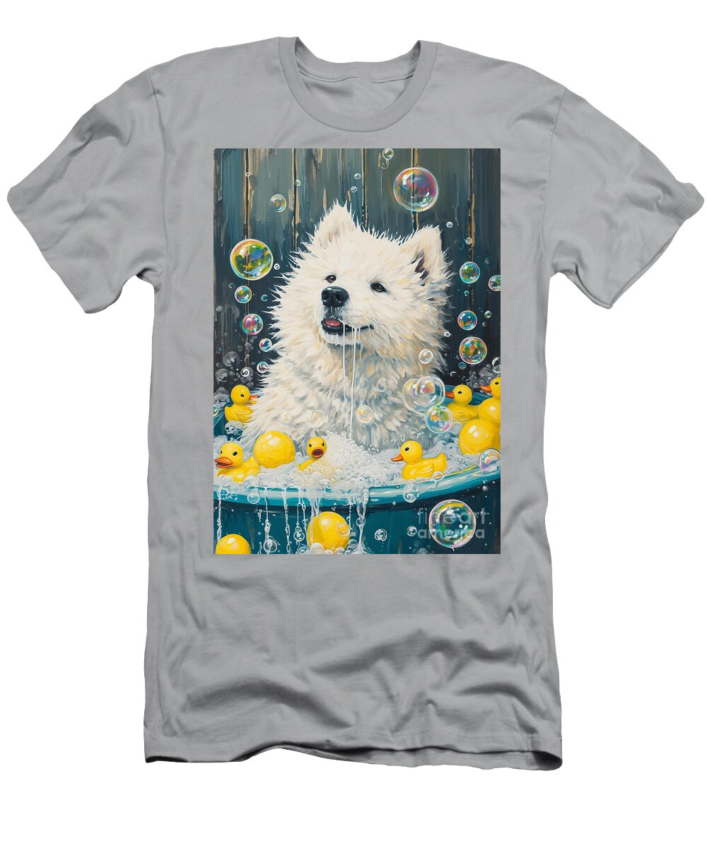 Samoyed Dog Frolicking in a Bubbly Bathtub Adrien Efren T-Shirt