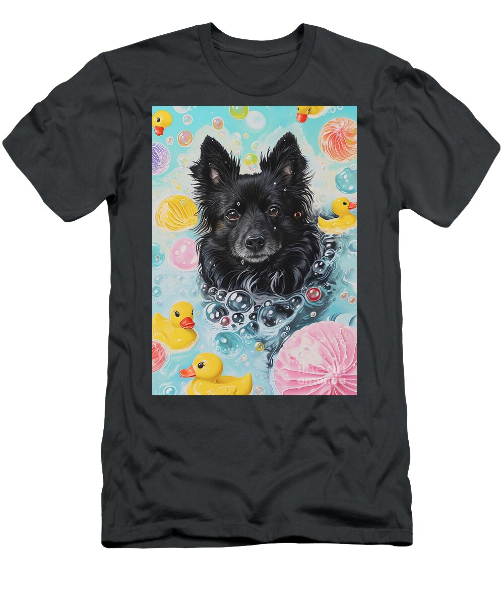Schipperke Dog Frolicking in a Bubbly Bathtub Adrien Efren T-Shirt